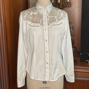 Roper Long Sleeve Western Shirt 1950’s Vintage-Style White & Gold Wedding - L